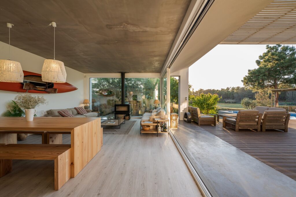 Modern villa with pool and deck with interior