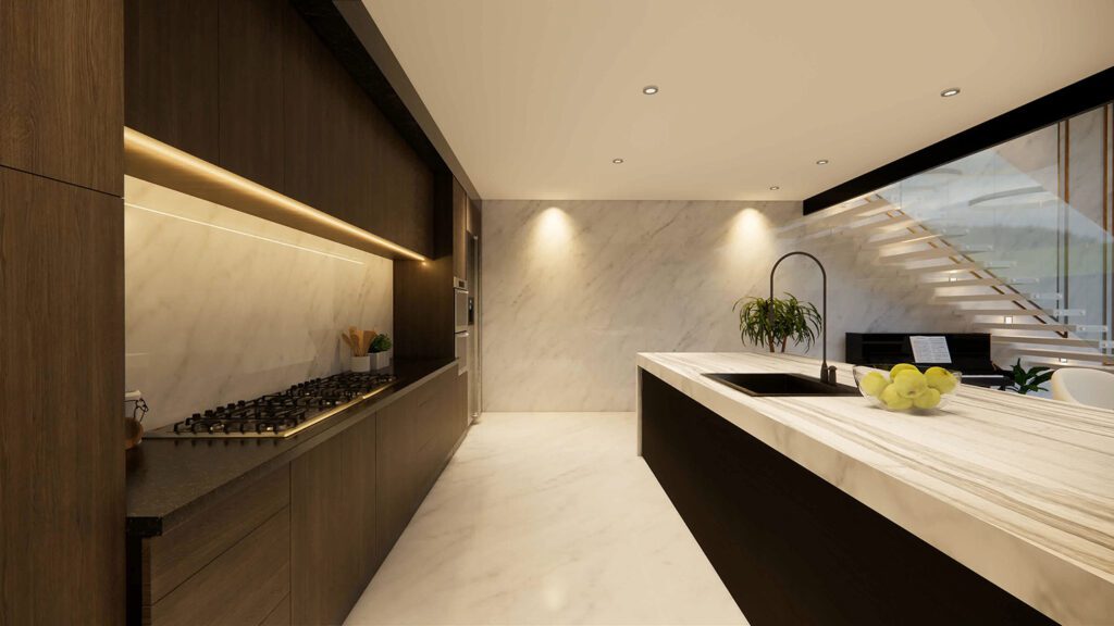 Luxury kitchen featuring rich-colored Calacatta Viola marble countertop with deep purple and grey veining