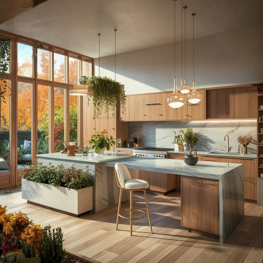Luxury kitchen with abundant natural light, indoor herb garden, and connection to outdoor greenery